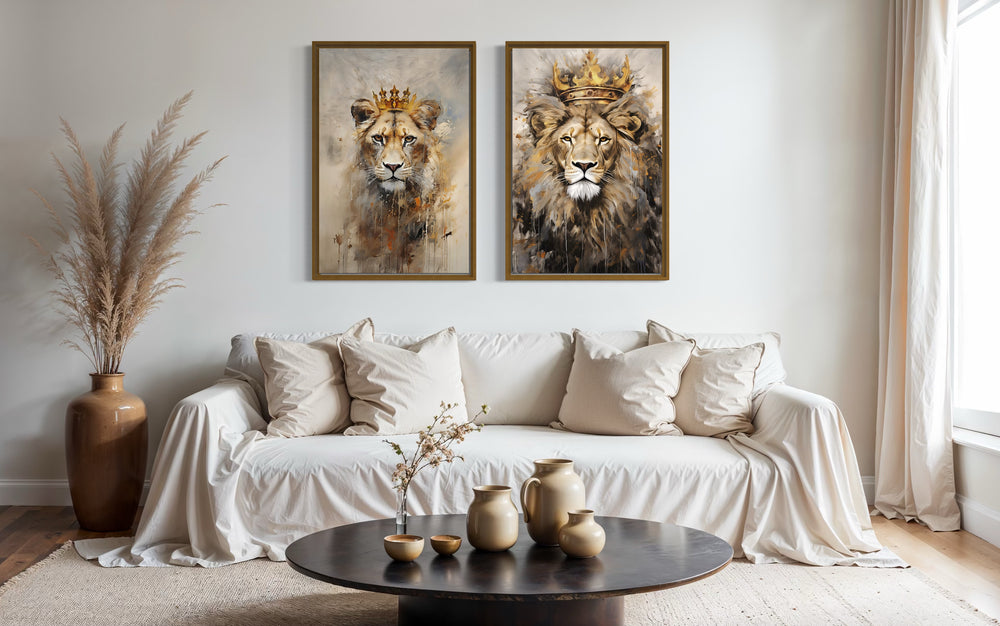 Set of 2 Lion King And Lioness Queen With Crowns Framed Canvas Wall Art