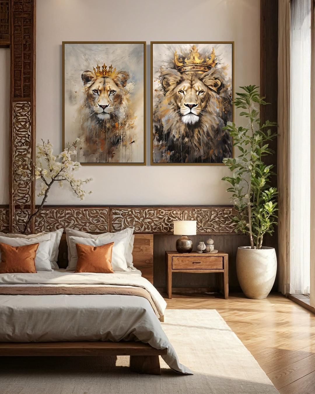 Set of 2 Lion King And Lioness Queen With Crowns Framed Canvas Wall Art