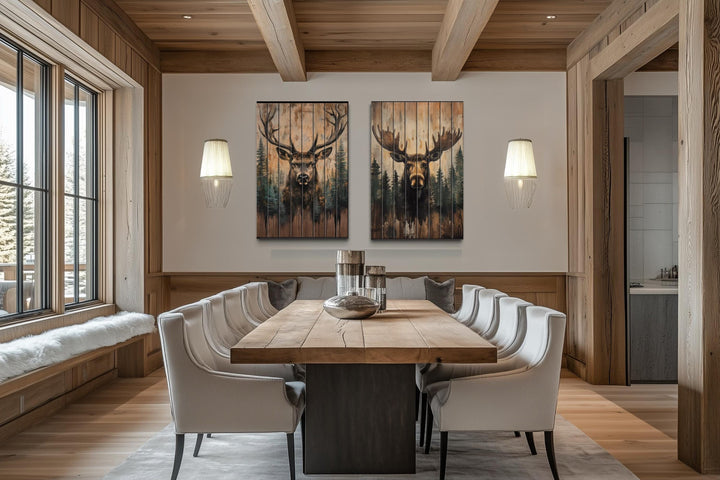 Set of 2 Rustic Moose and Deer Distressed Wood Wall Art