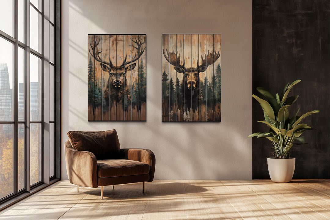 Set of 2 Rustic Moose and Deer Distressed Wood Wall Art