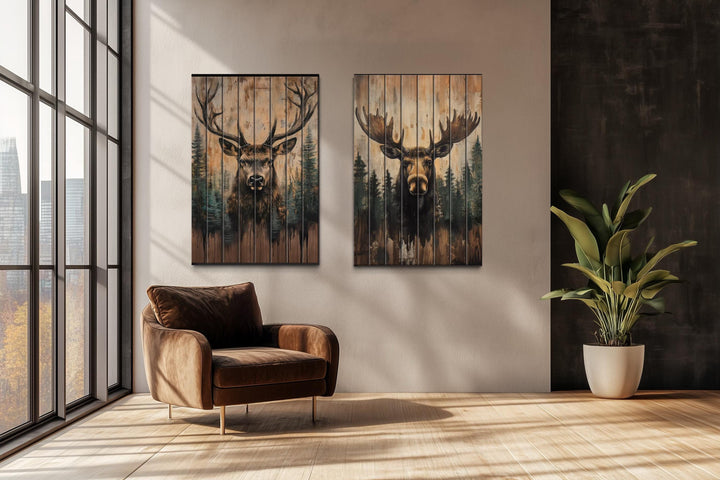 Set of 2 Rustic Moose and Deer Distressed Wood Wall Art