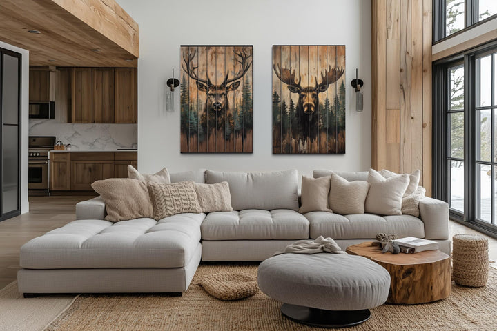 Set of 2 Rustic Moose and Deer Distressed Wood Wall Art