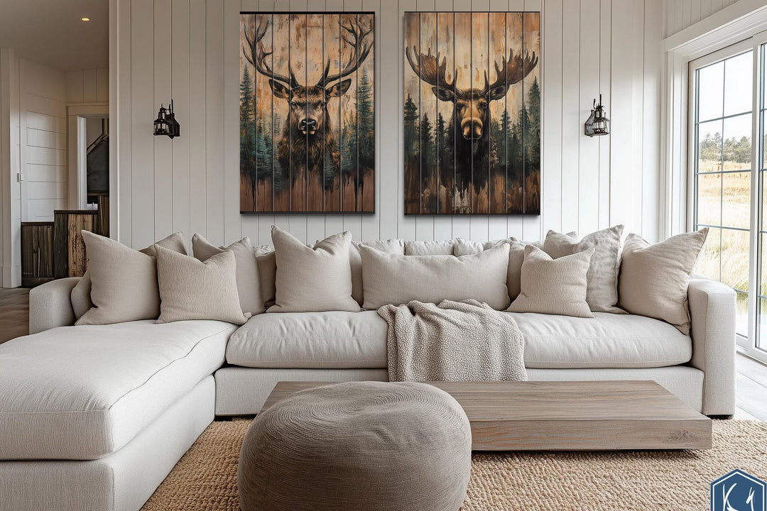 Set of 2 Rustic Moose and Deer Distressed Wood Wall Art