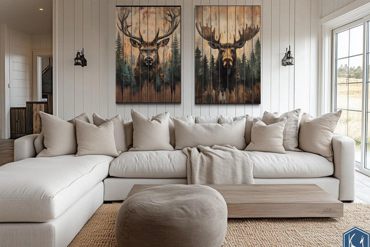 Set of 2 Rustic Moose and Deer Distressed Wood Wall Art