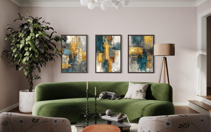 Set of 3 Abstract Teal and Gold Wall Art