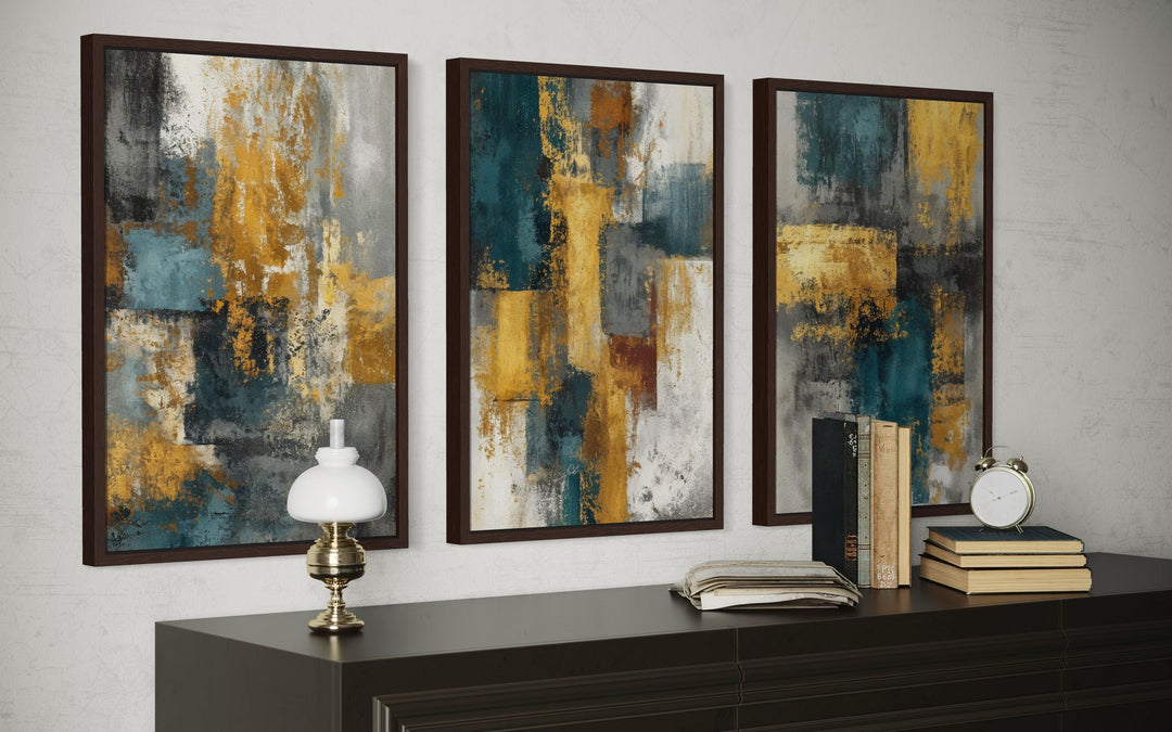 Set of 3 Abstract Teal and Gold Wall Art