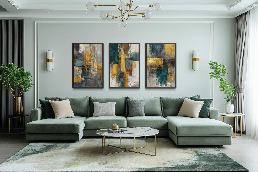 Set of 3 Abstract Teal and Gold Wall Art