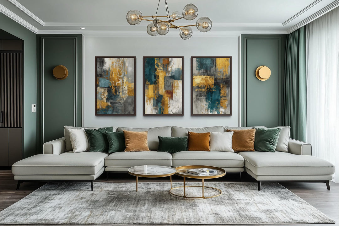 Set of 3 Abstract Teal and Gold Wall Art