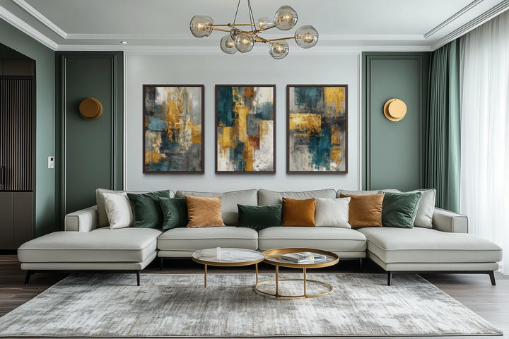 Set of 3 Abstract Teal and Gold Wall Art