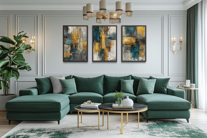 Set of 3 Abstract Teal and Gold Wall Art