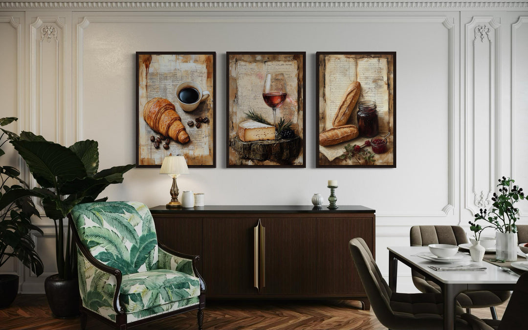 Set of 3 Kitchen Wall Art - Croissant, Coffee, Cheese, Wine, Baguette On Old Recipe Book
