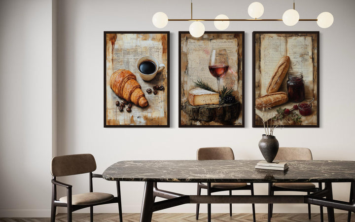 Set of 3 Kitchen Wall Art - Croissant, Coffee, Cheese, Wine, Baguette On Old Recipe Book