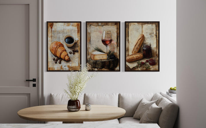 Set of 3 Kitchen Wall Art - Croissant, Coffee, Cheese, Wine, Baguette On Old Recipe Book