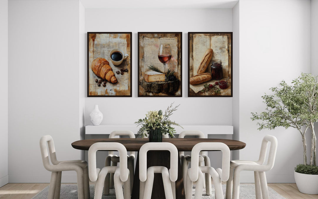 Set of 3 Kitchen Wall Art - Croissant, Coffee, Cheese, Wine, Baguette On Old Recipe Book