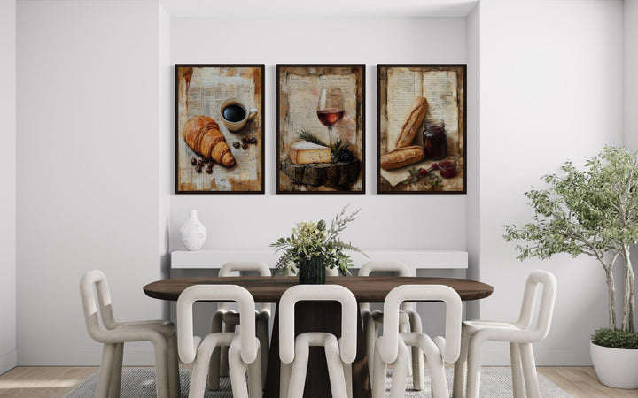 Set of 3 Kitchen Wall Art - Croissant, Coffee, Cheese, Wine, Baguette On Old Recipe Book