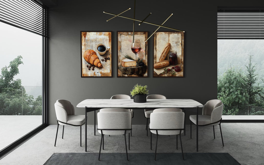 Set of 3 Kitchen Wall Art - Croissant, Coffee, Cheese, Wine, Baguette On Old Recipe Book