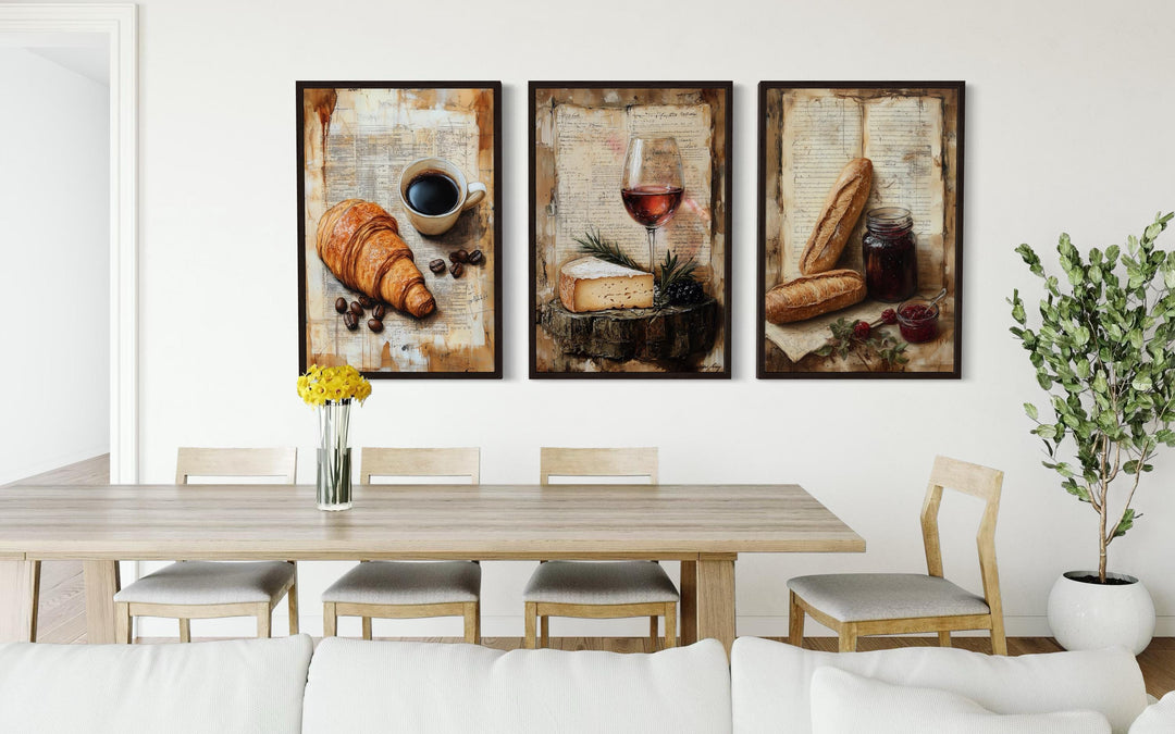 Set of 3 Kitchen Wall Art - Croissant, Coffee, Cheese, Wine, Baguette On Old Recipe Book