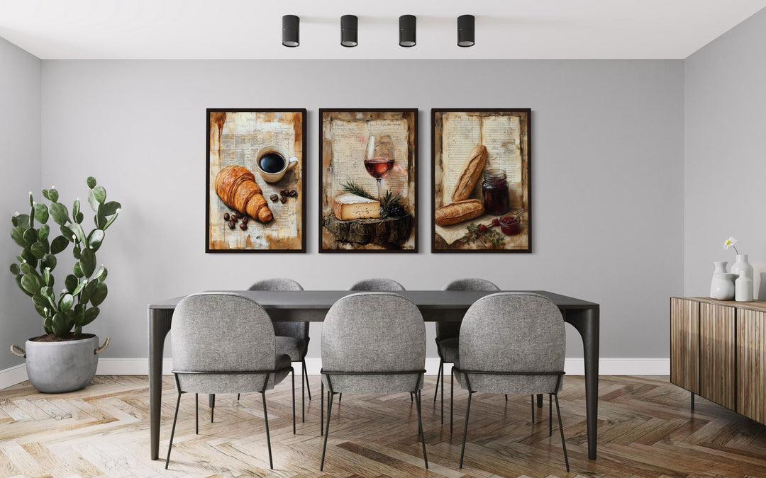 Set of 3 Kitchen Wall Art - Croissant, Coffee, Cheese, Wine, Baguette On Old Recipe Book