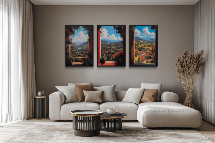 Set of 3 Mexican Window View Wall Art, Colorful Mexican Landscape