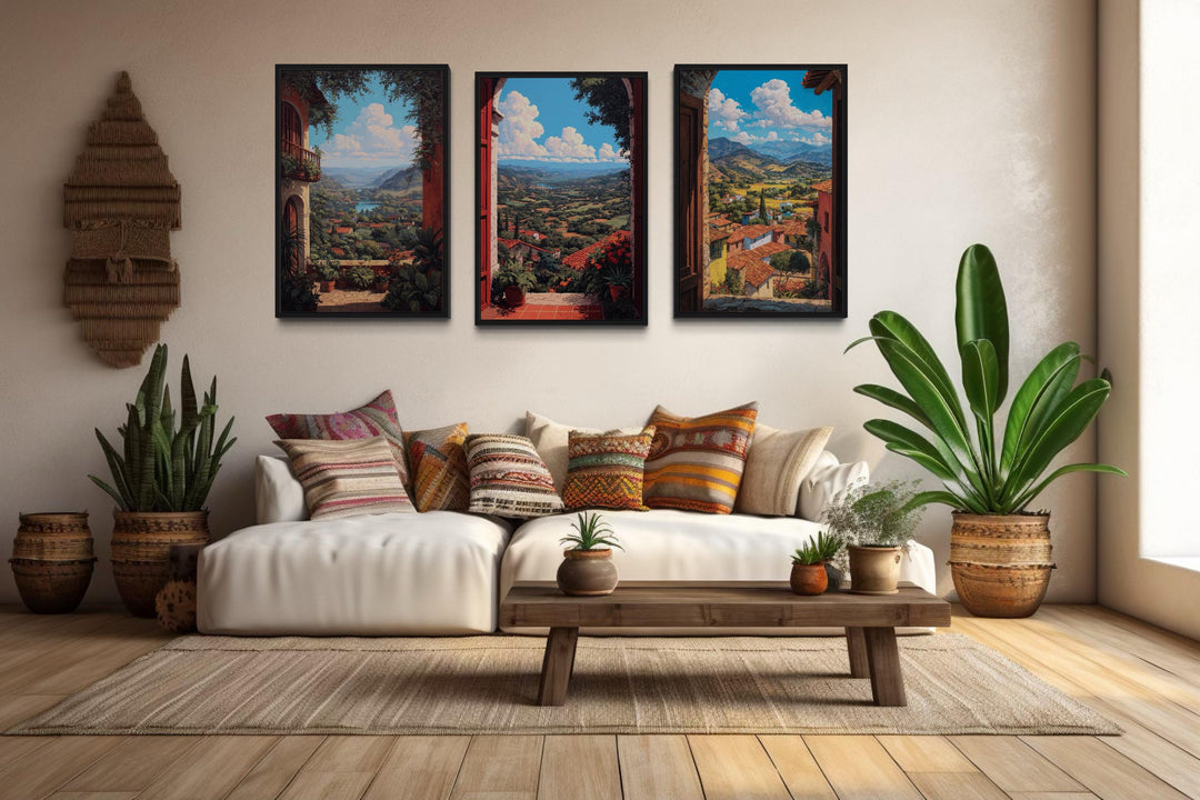 Set of 3 Mexican Window View Wall Art, Colorful Mexican Landscape