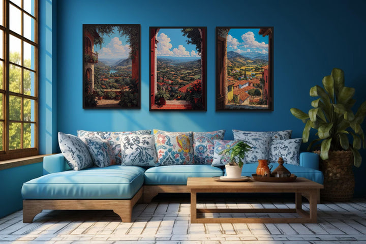 Set of 3 Mexican Window View Wall Art, Colorful Mexican Landscape