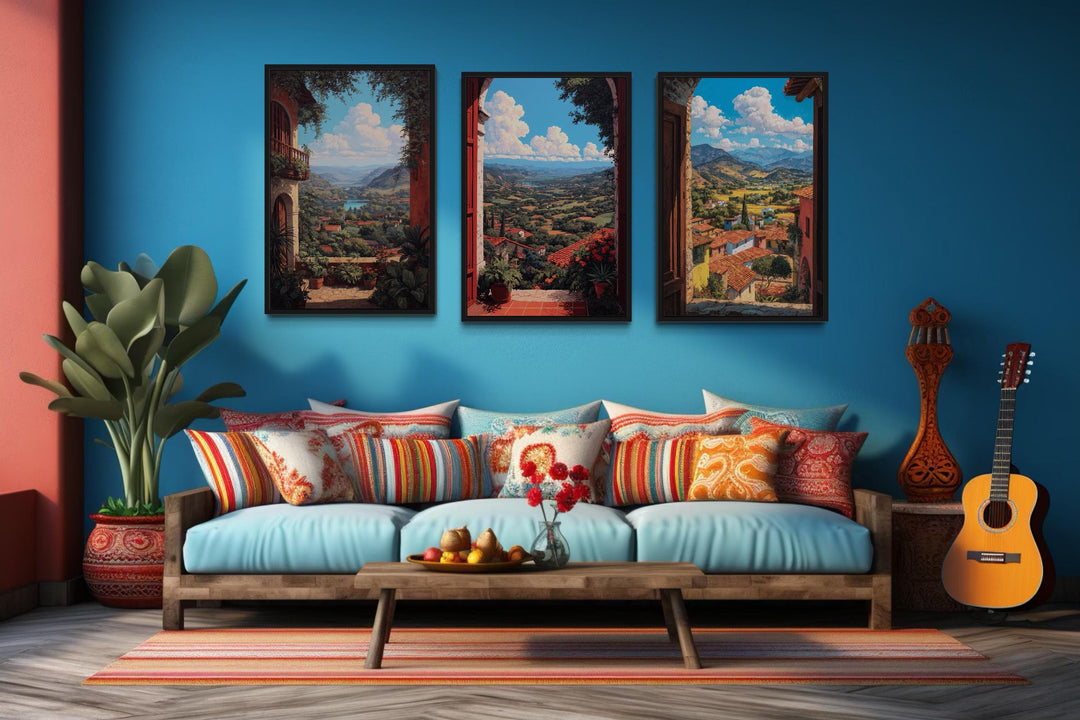 Set of 3 Mexican Window View Wall Art, Colorful Mexican Landscape