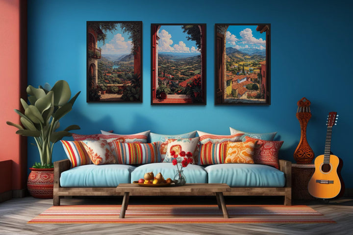Set of 3 Mexican Window View Wall Art, Colorful Mexican Landscape