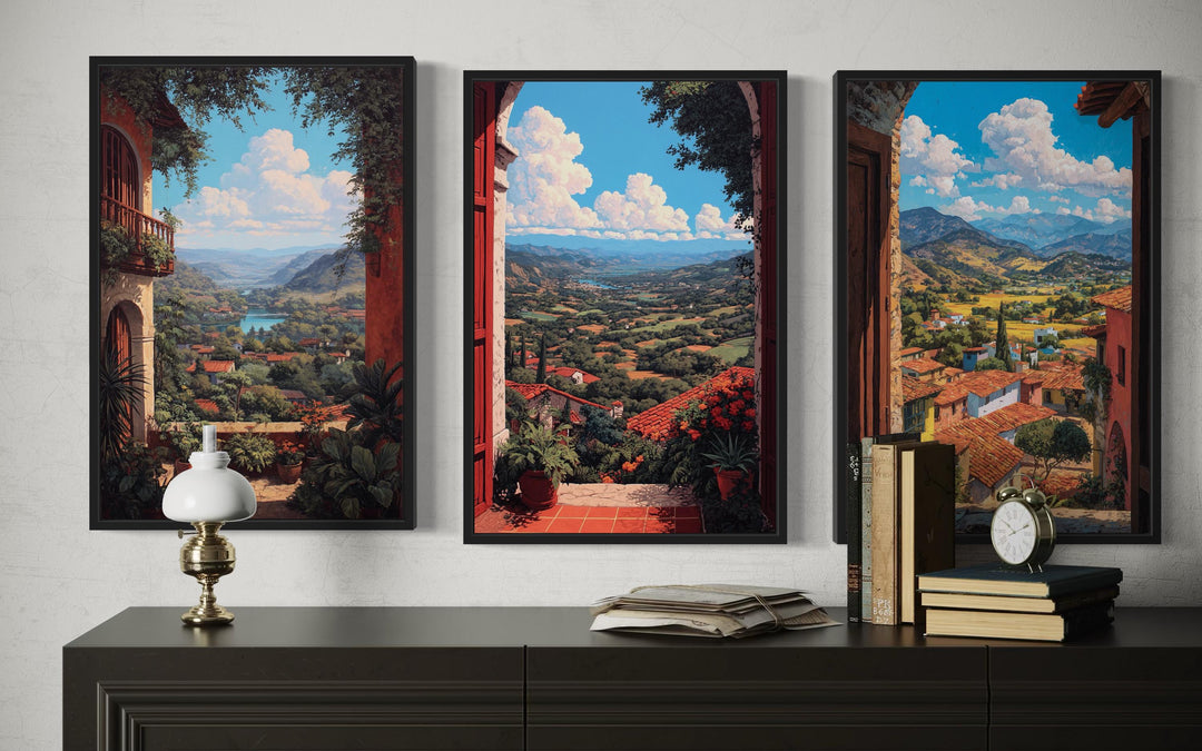 Set of 3 Mexican Window View Wall Art, Colorful Mexican Landscape