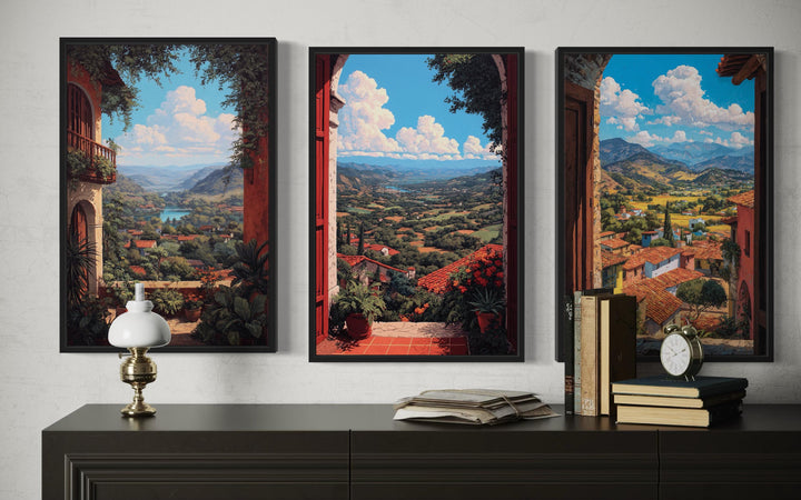 Set of 3 Mexican Window View Wall Art, Colorful Mexican Landscape
