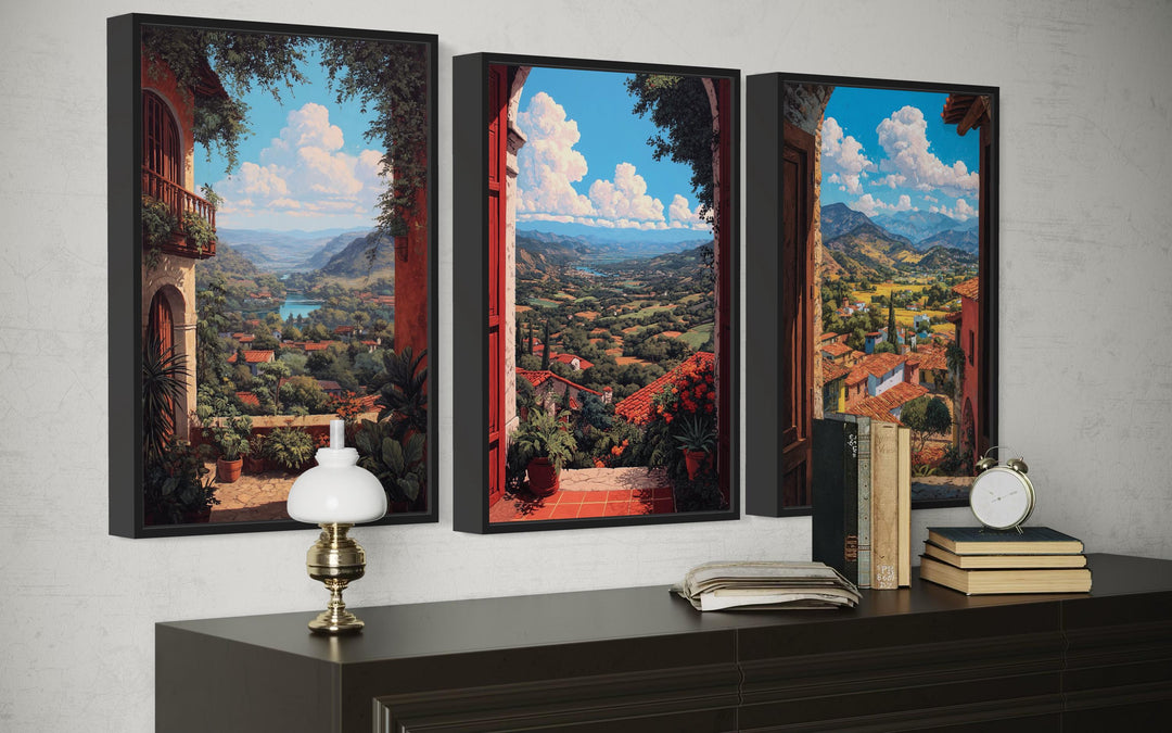 Set of 3 Mexican Window View Wall Art, Colorful Mexican Landscape