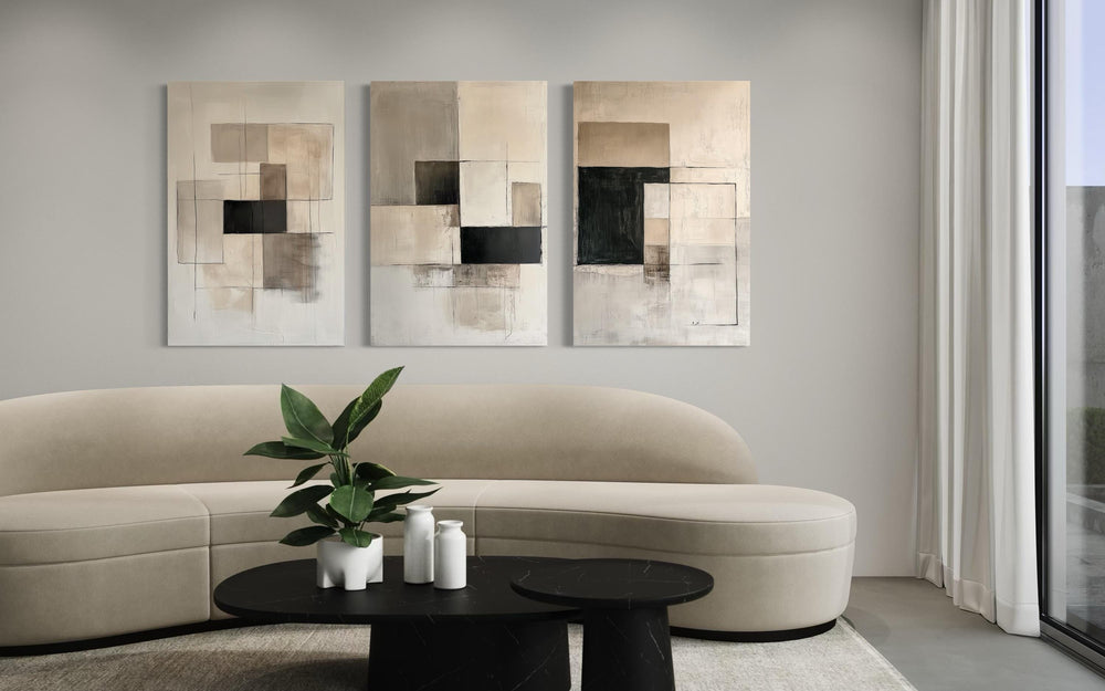 Set of 3 Modern Black Beige Neutral Geometric Abstract Wall Art