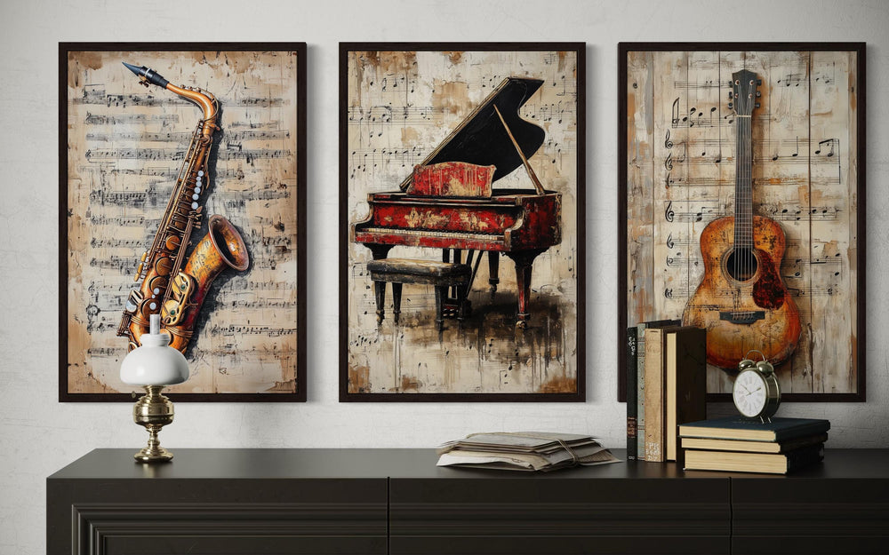 Set of 3 Music Wall Art - Piano, Guitar, Saxophone Canvas Prints On Musical Notes