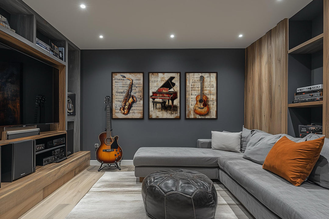 Set of 3 Music Wall Art - Piano, Guitar, Saxophone Canvas Prints On Musical Notes