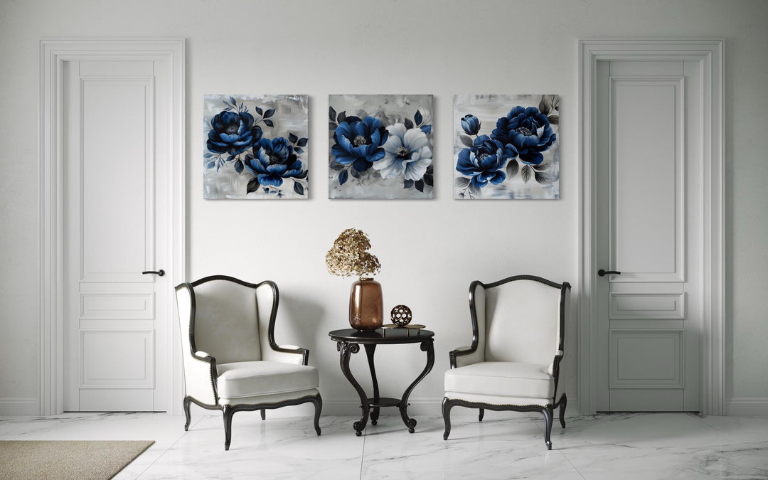 Set of 3 Navy Blue Gray Floral Modern Square Wall Art