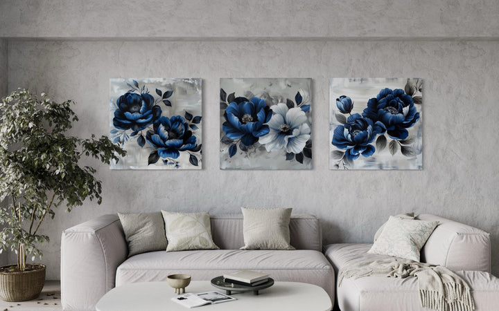 Set of 3 Navy Blue Gray Floral Modern Square Wall Art