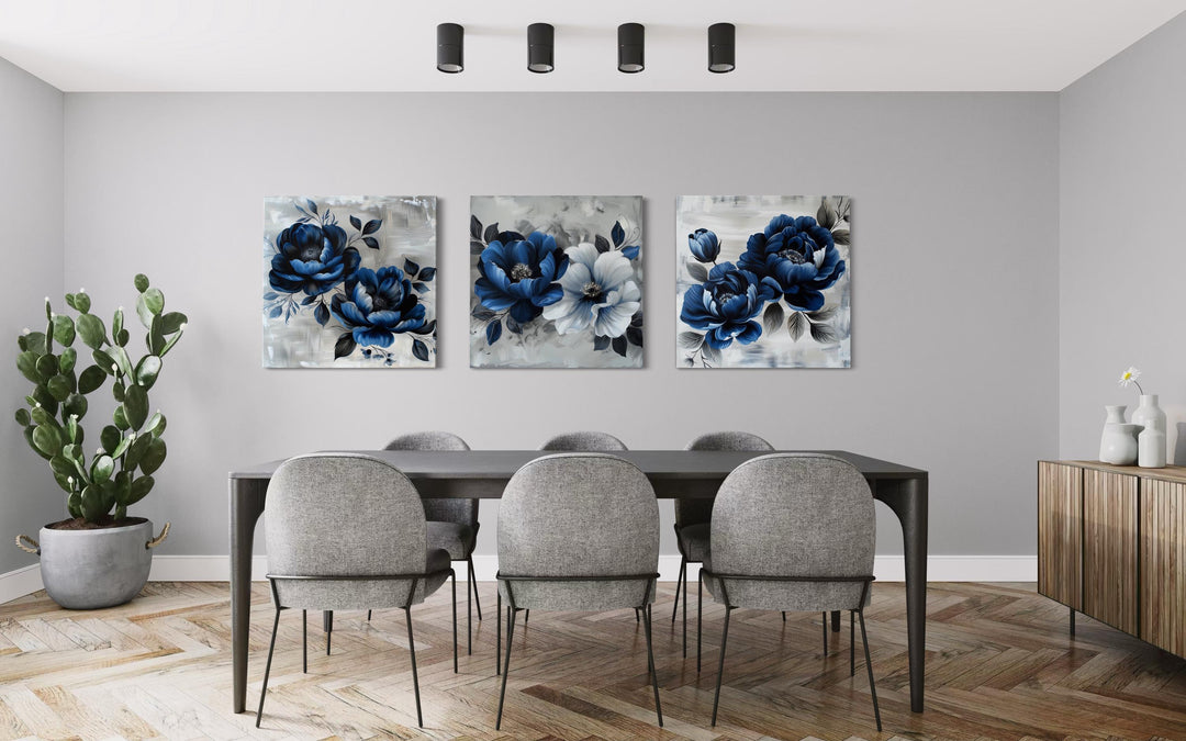 Set of 3 Navy Blue Gray Floral Modern Square Wall Art