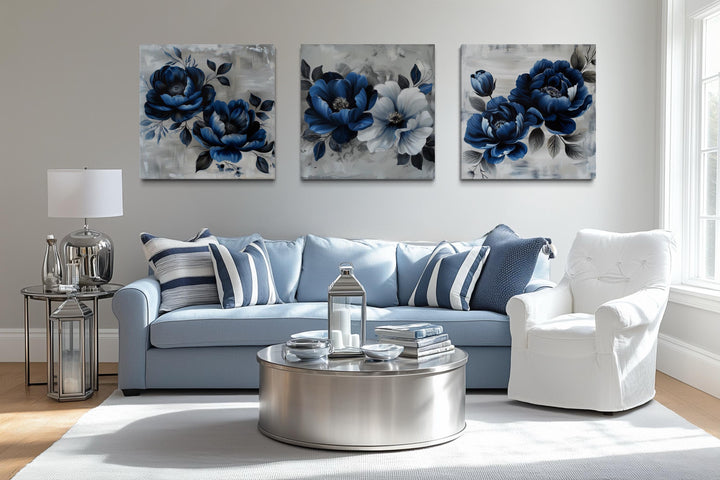 Set of 3 Navy Blue Gray Floral Modern Square Wall Art