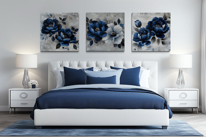 Set of 3 Navy Blue Gray Floral Modern Square Wall Art
