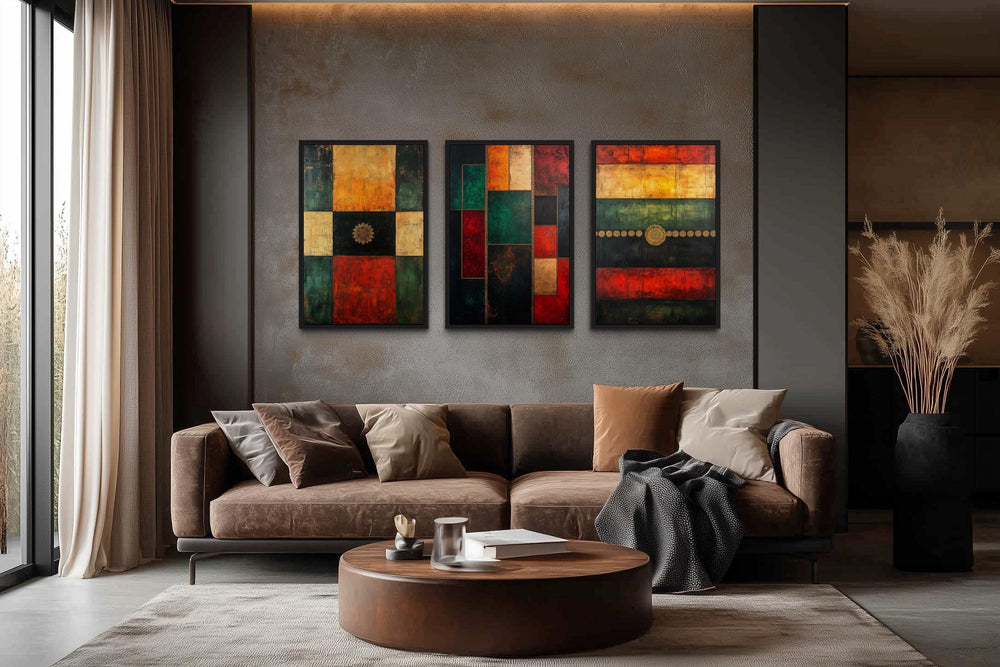 Set of 3 Red Green Yellow Modern Geometric Abstract Canvas Wall Art