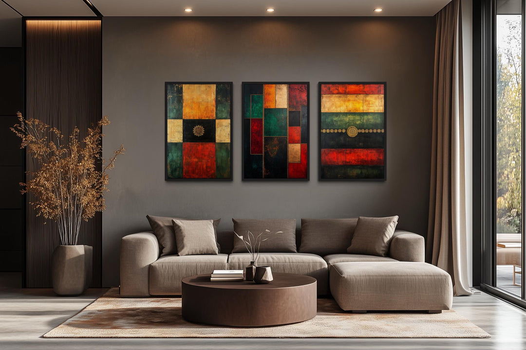 Set of 3 Red Green Yellow Modern Geometric Abstract Canvas Wall Art