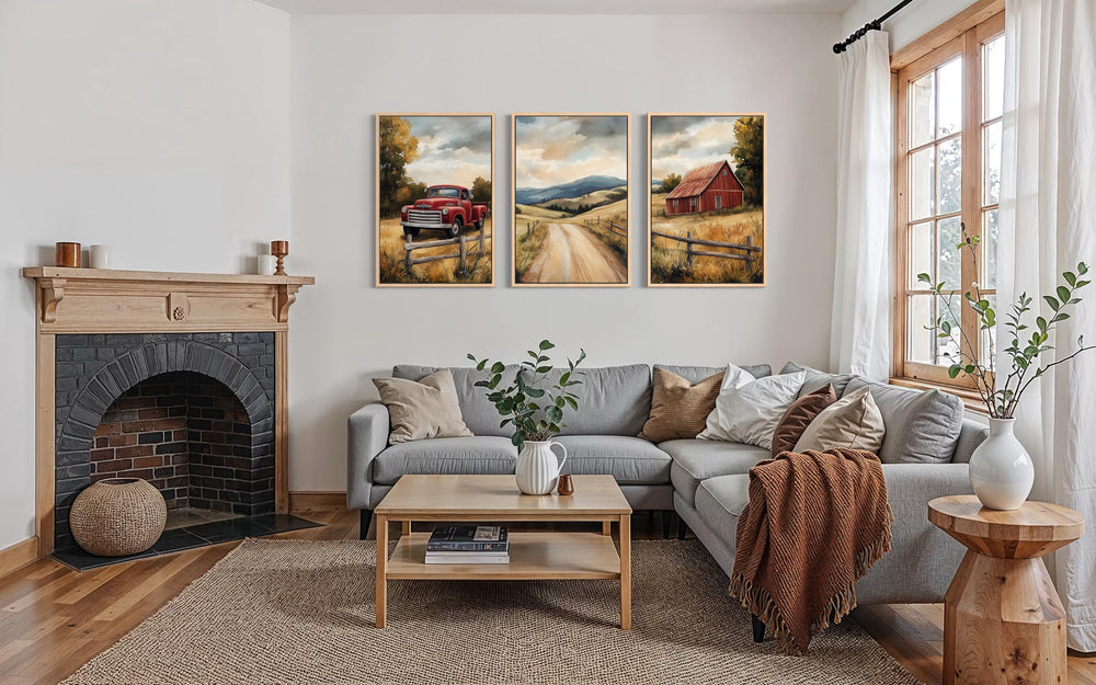 Set of 3 Rustic Farmhouse Autumn Wall Art, Red Barn, Vintage Truck, and Country Road Canvas Prints