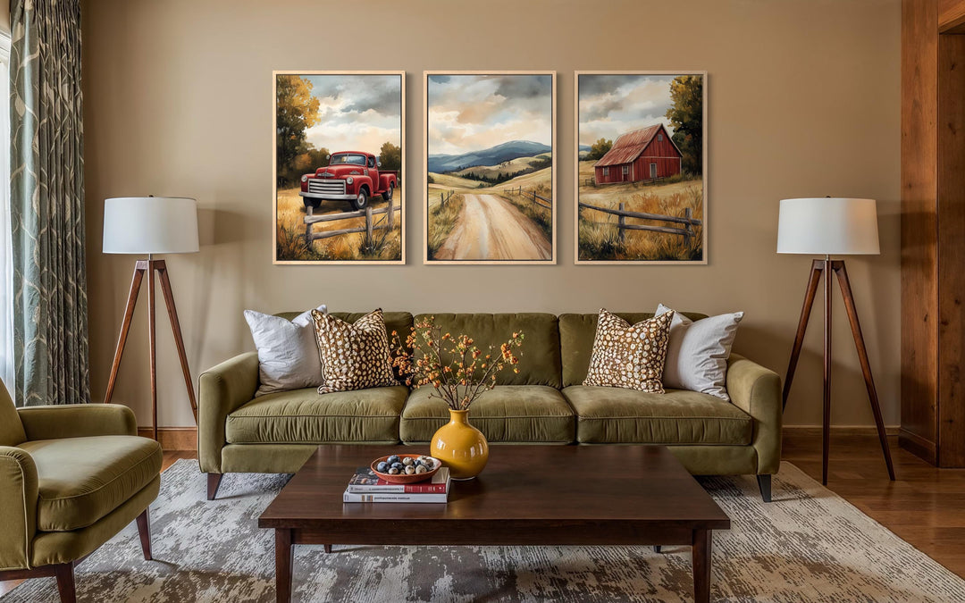 Set of 3 Rustic Farmhouse Autumn Wall Art, Red Barn, Vintage Truck, and Country Road Canvas Prints