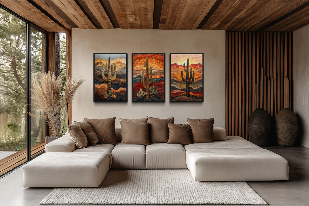 Set of 3 Southwestern Saguaro Cactus in Arizona Desert Wall Art