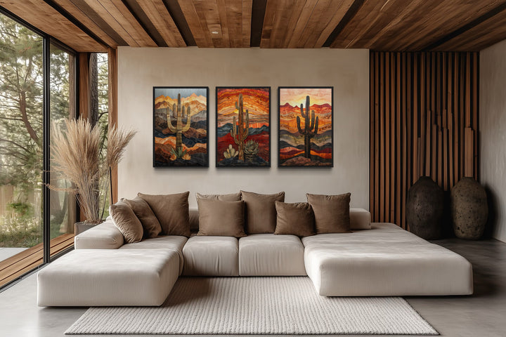 Set of 3 Southwestern Saguaro Cactus in Arizona Desert Wall Art