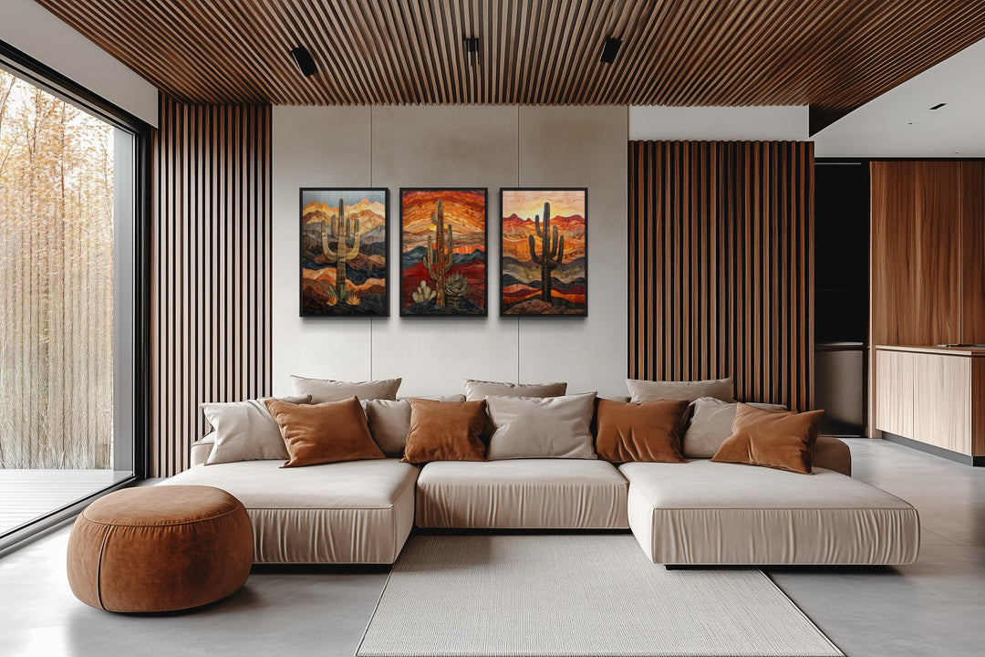 Set of 3 Southwestern Saguaro Cactus in Arizona Desert Wall Art
