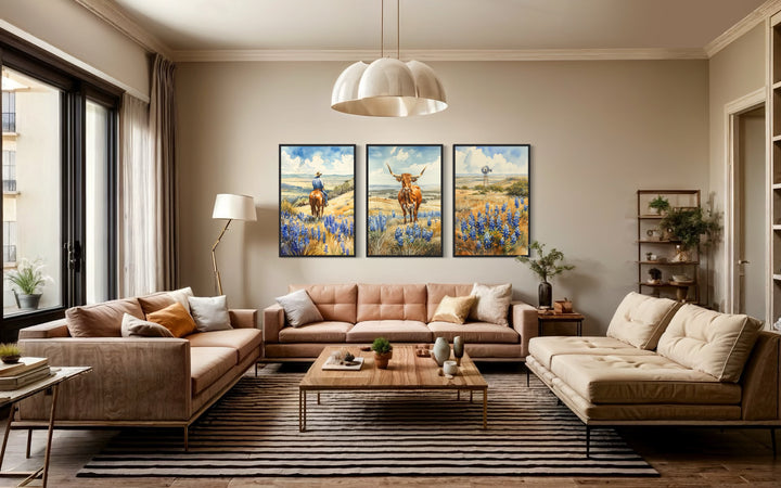 Set of 3 Texas Longhorn Cow, Cowboy And Windmill In Bluebonnets Field Texas Landscape Wall Art