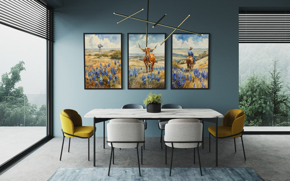 Set of 3 Texas Longhorn Cow, Cowboy And Windmill In Bluebonnets Field Texas Landscape Wall Art