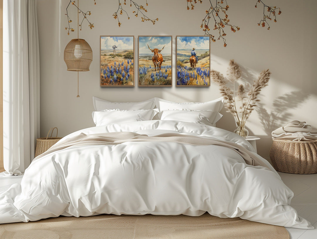 Set of 3 Texas Longhorn Cow, Cowboy And Windmill In Bluebonnets Field Texas Landscape Wall Art