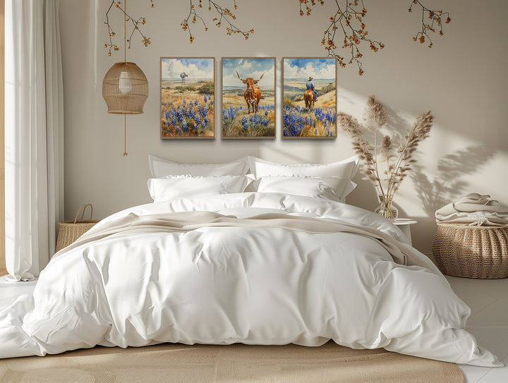 Set of 3 Texas Longhorn Cow, Cowboy And Windmill In Bluebonnets Field Texas Landscape Wall Art
