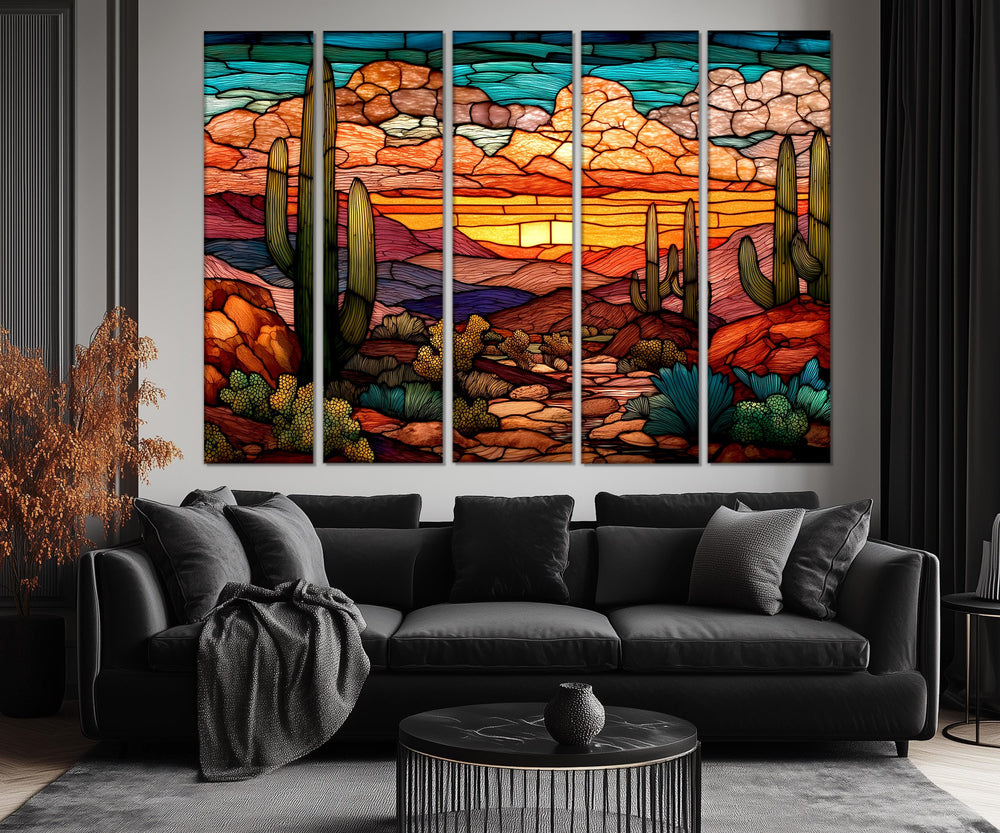 Set of 5 Panel Stained Glass Style Desert Wall Art